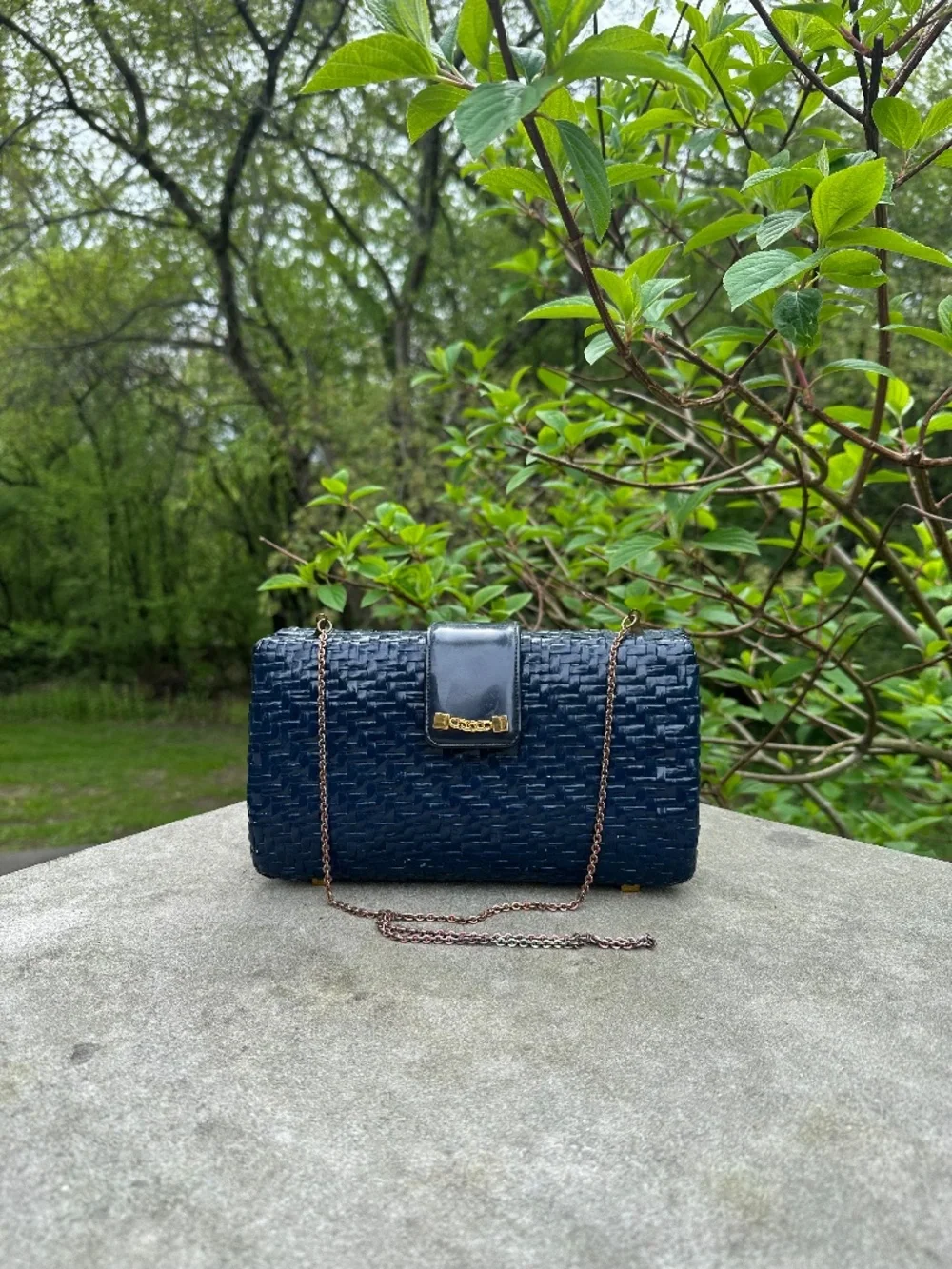 Navy Handbag, Vintage Koret Wicker Clutch, Great for Rush or Game Day